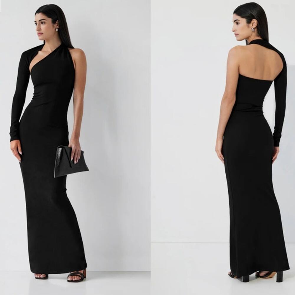 NWOT Marcella Black Manhattan One Shoulder Open Back Halter Gown Dress Size L